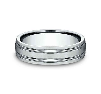 Benchmark Men's 4mm Comfort-Fit Wedding Band with Two High-Polished Parallel Grooves and Satin Center in 14K White Gold
