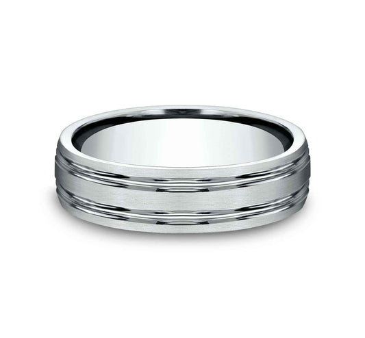 Benchmark Men's 4mm Comfort-Fit Wedding Band with Two High-Polished Parallel Grooves and Satin Center in 14K White Gold