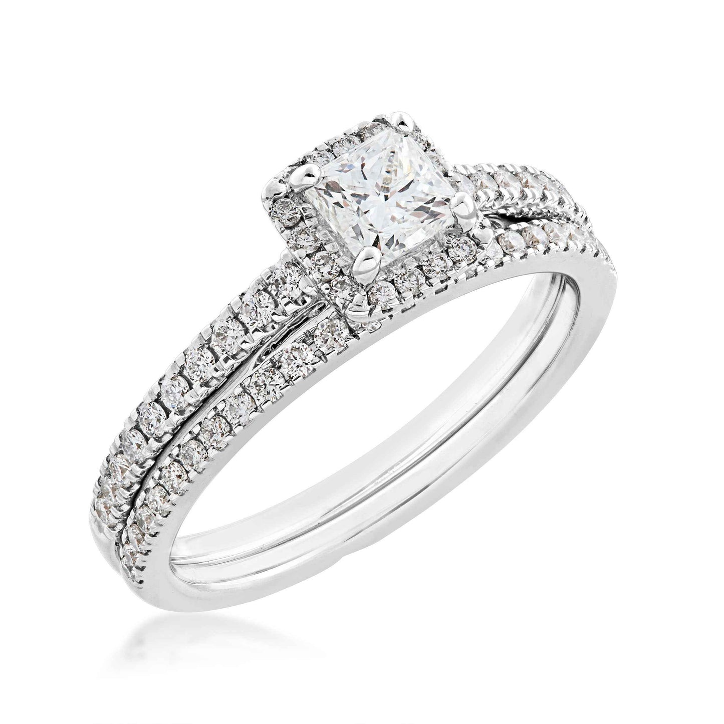 Noventa 7/8 ct. tw. Princess Cut Diamond Halo Wedding Set in 14K White Gold front view