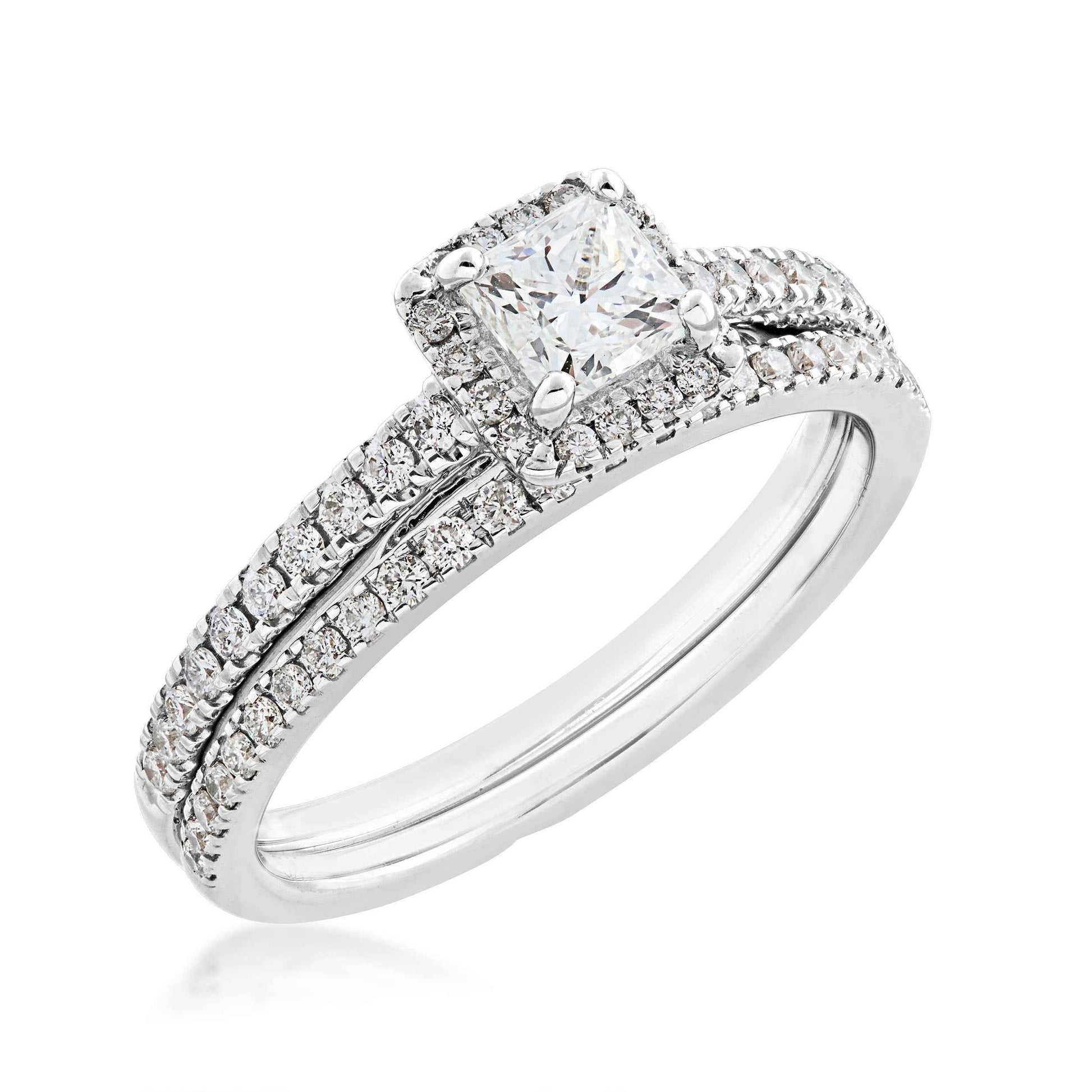 Noventa 7/8 ct. tw. Princess Cut Diamond Halo Wedding Set in 14K White Gold front view
