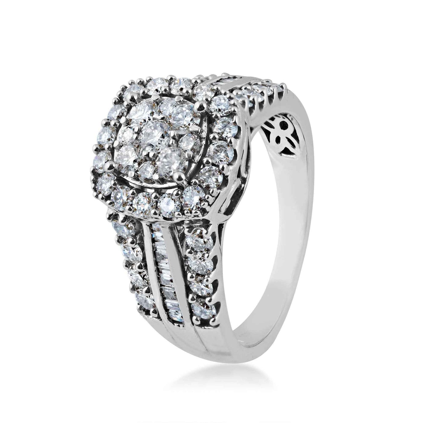 Fairytale Diamonds 1-1/2 ct. tw. Cluster Diamond Halo Engagement Ring with Round & Straight Baguette Band in 10K front view