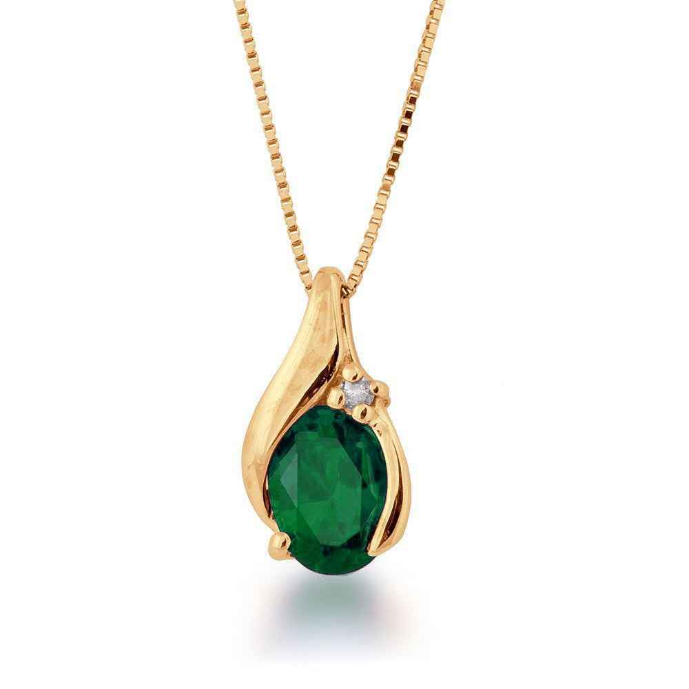 Created Oval Emerald & Diamond Pendant in 10K Yellow Gold