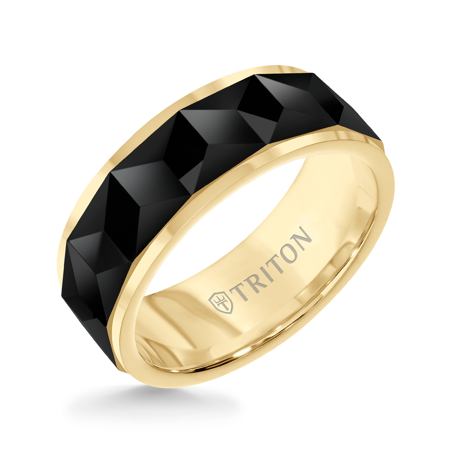 Triton Men's 8MM Black and Yellow Tungsten Wedding Band with Faceted 11 front view