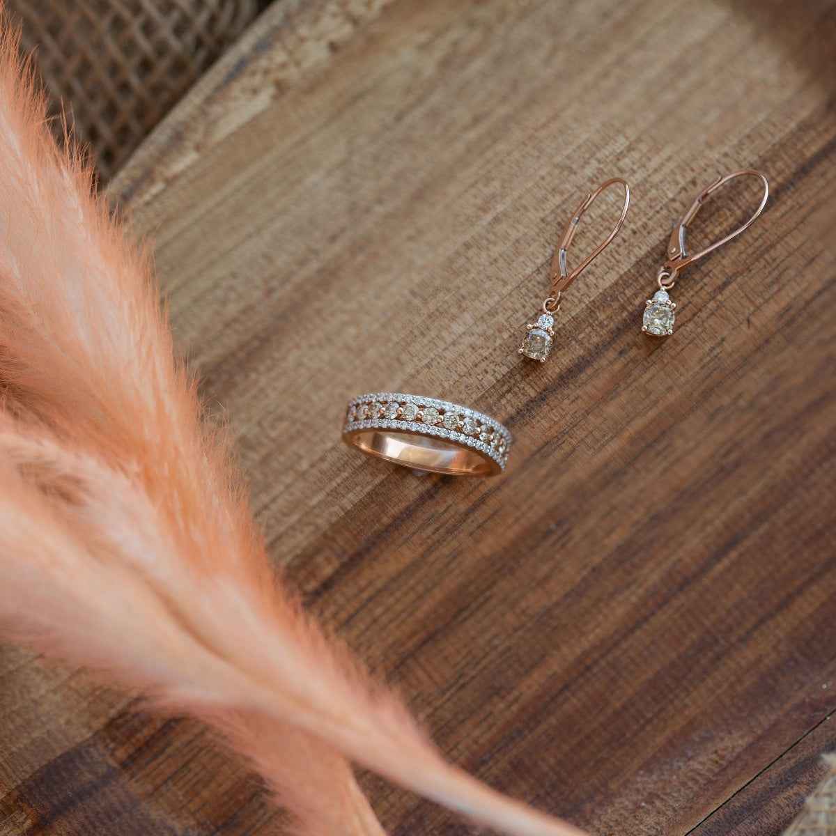 Mocha Lux 5/8 ct. tw. Cushion Mocha and Round White Diamond Dangle Earrings in 14K Pink Gold front view