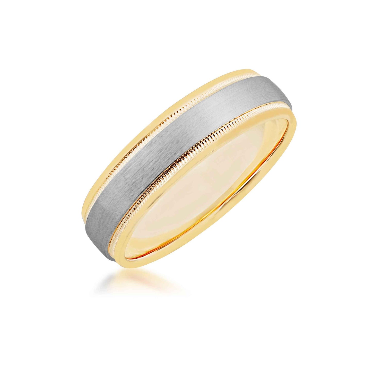 Men's Two-Tone Wedding Band with Milgrain Design and Center Brushed Band in 10K White and Yellow Gold front view