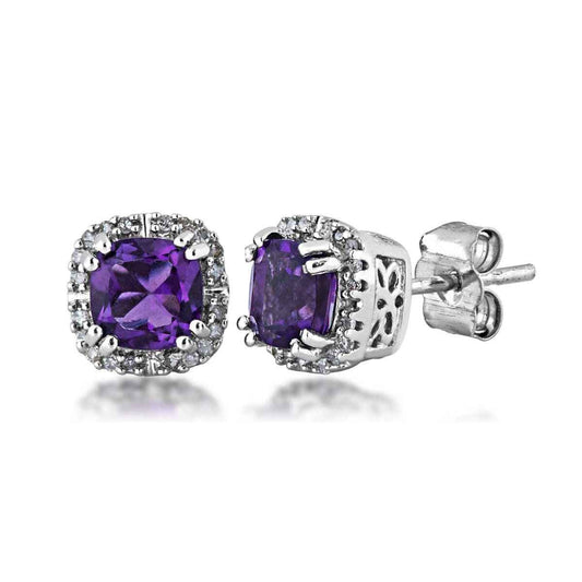 Genuine Cushion Cut Amethyst Earrings with 1/10 ct. tw. Diamond Halo in 10K White Gold