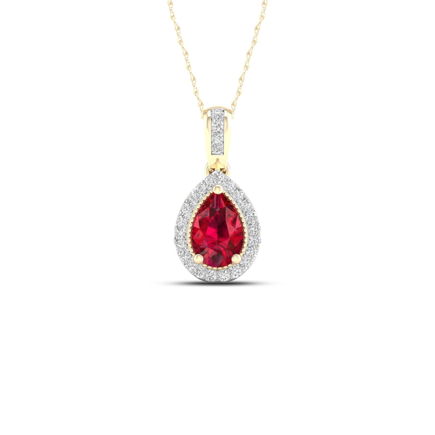 Red Pear-Shaped Ruby and .08 ct. tw. Diamond Halo Pendant with Milgrain and Filigree Design in 10K Yellow Gold