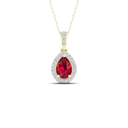 Red Pear-Shaped Ruby and .08 ct. tw. Diamond Halo Pendant with Milgrain and Filigree Design in 10K Yellow Gold