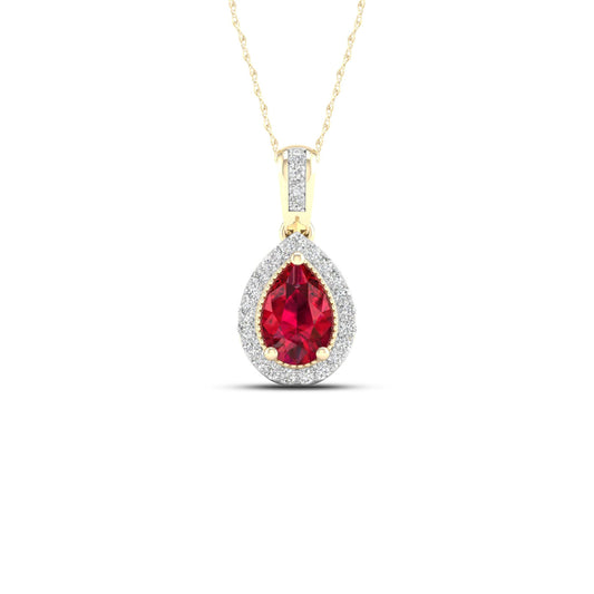 Red Pear-Shaped Ruby and .08 ct. tw. Diamond Halo Pendant with Milgrain and Filigree Design in 10K Yellow Gold