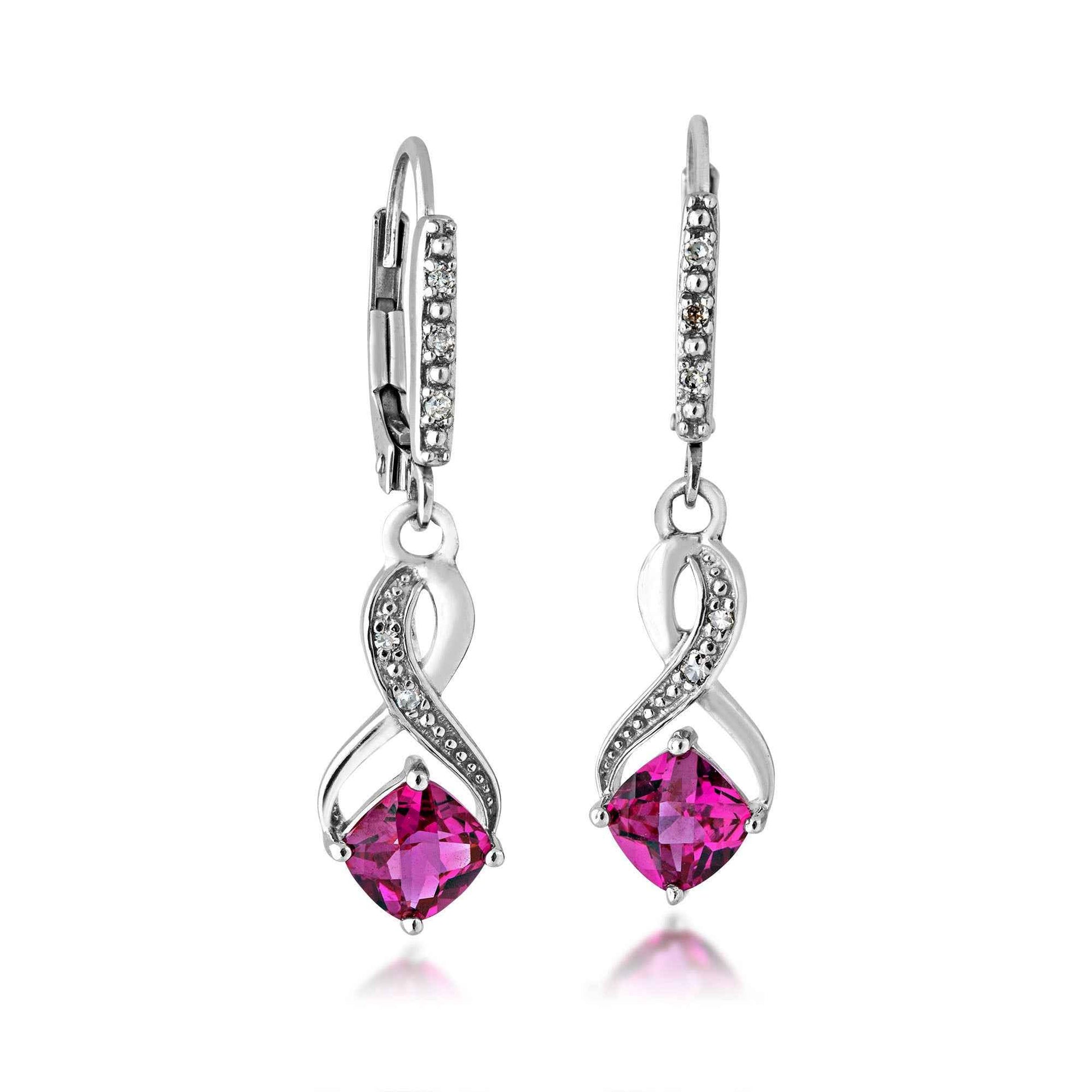 Created Cushion Cut Ruby Dangle Earrings with Diamond Accent in P4