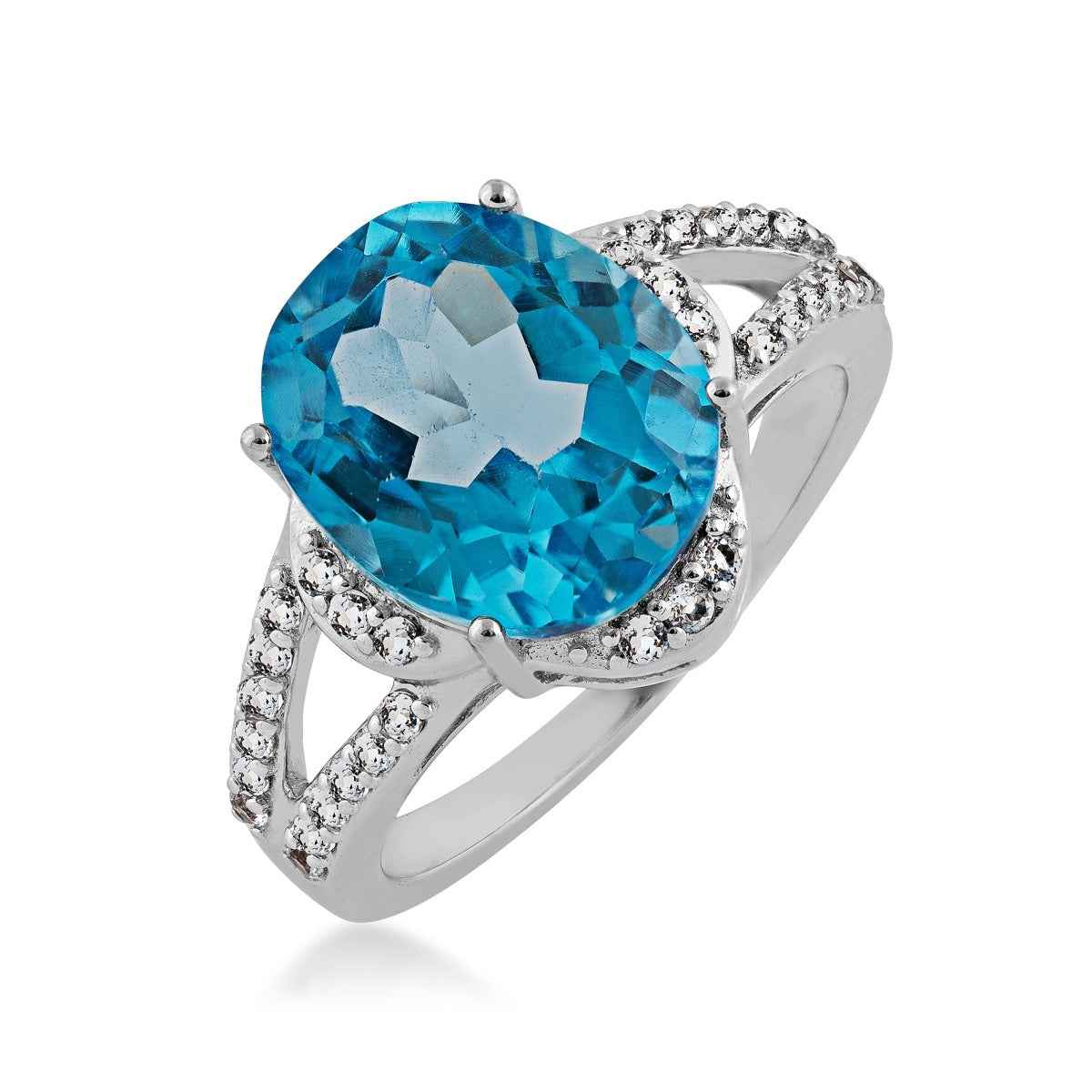 Oval Swiss Blue Topaz and White Topaz Ring in Sterling Silver front view