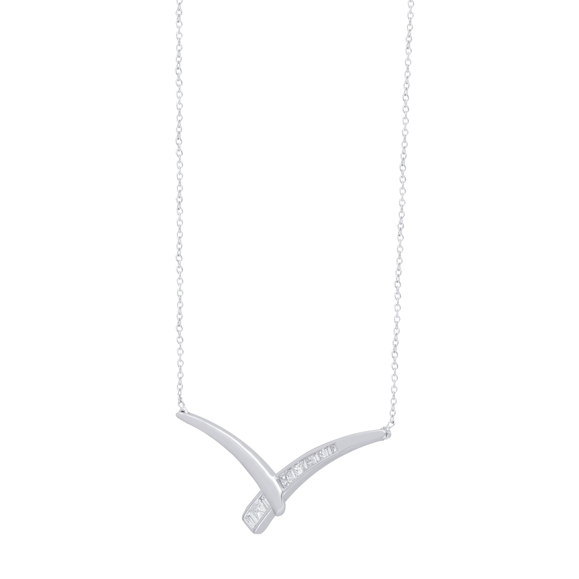 Kallati 1/3 ct. tw. Princess Cut & Baguette Diamond Chevron Bar Necklace in 14K White Gold front view