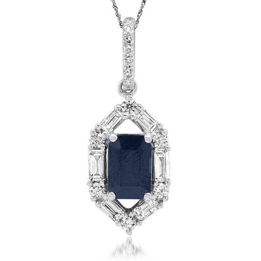 Emerald Cut Sapphire and 1/3 ct. tw. Round and Baguette Diamond Halo Pendant in 14K White Gold