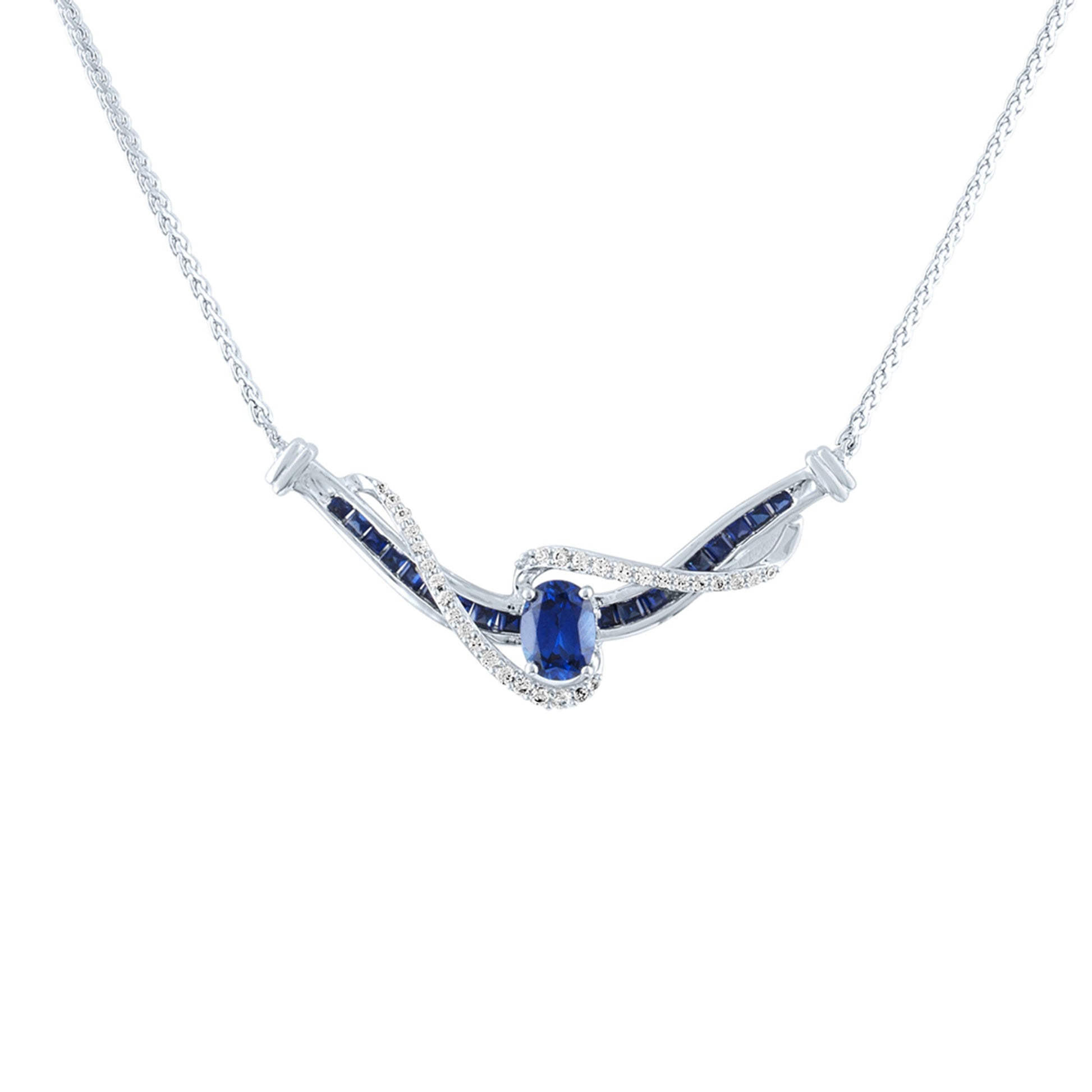 Created Oval Blue and White Sapphire Bypass Bar Necklace in Sterling Silver