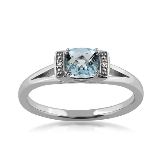 Cushion Aquamarine and Diamond Accent Split Shank Ring in Sterling Silver