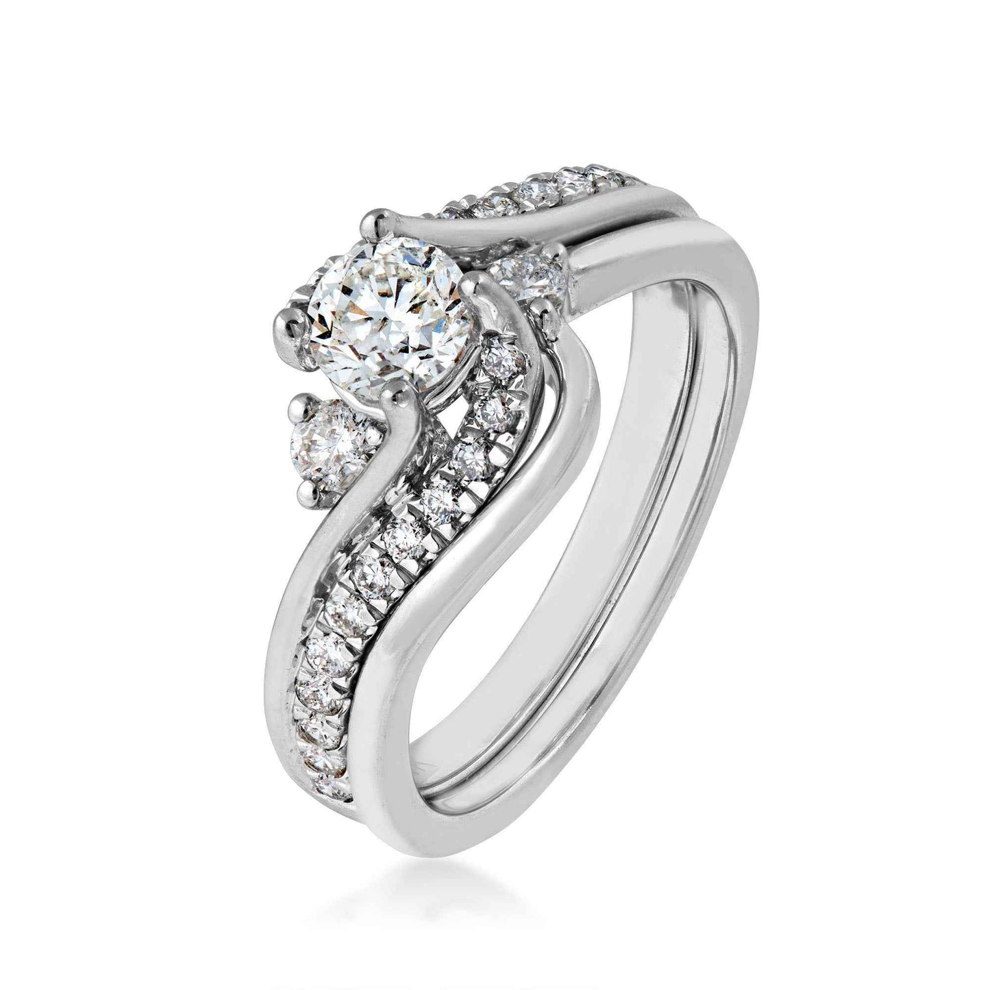 Canadian Rocks 7/8 ct. tw. Round Brilliant Diamond Wedding Set with Twist Accented Band in 14K White Gold close-up detail