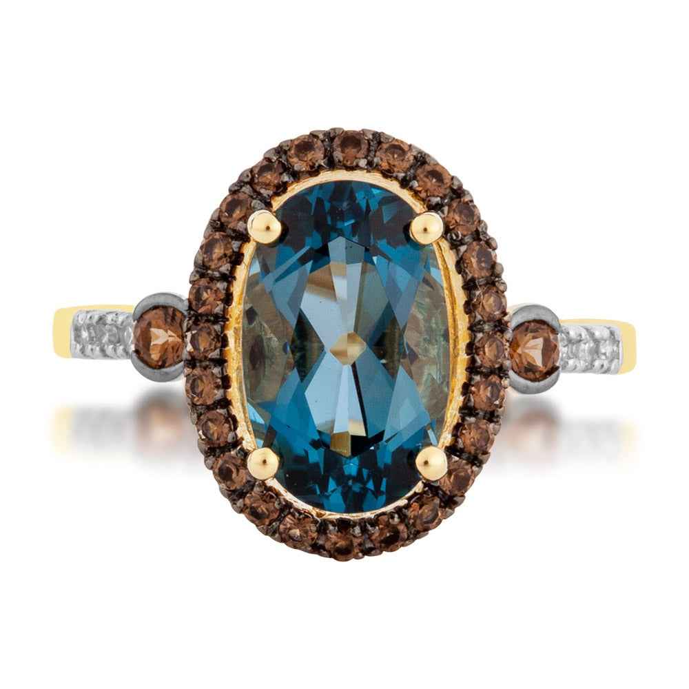 Oval London Blue Topaz & Smokey Quartz Halo & Diamond Accent Ring in 10K Yellow Gold front view