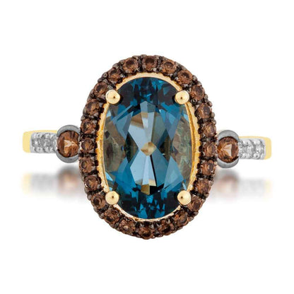 Oval London Blue Topaz & Smokey Quartz Halo & Diamond Accent Ring in 10K Yellow Gold front view
