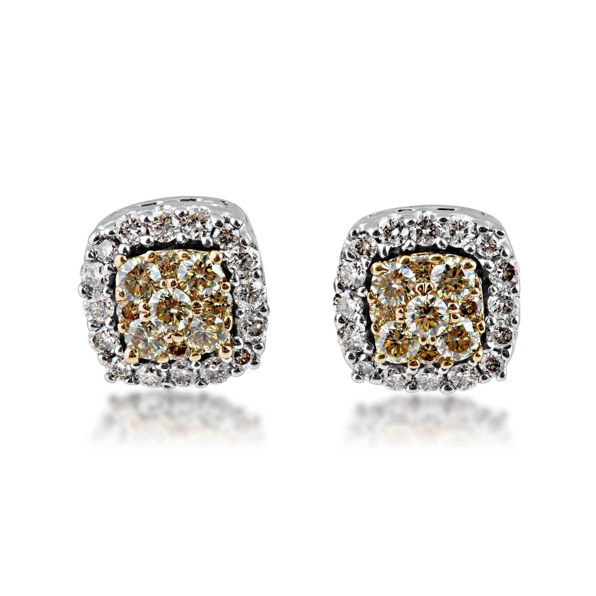 .33 ct. tw. Two Tone Yellow Diamond Cluster with Halo Post Earrings in 14K Yellow and White Gold