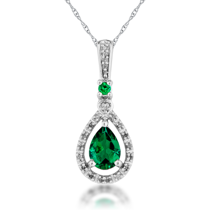 Created Pear Shaped Emerald & Diamond Fashion Pendant in 10K White Gold