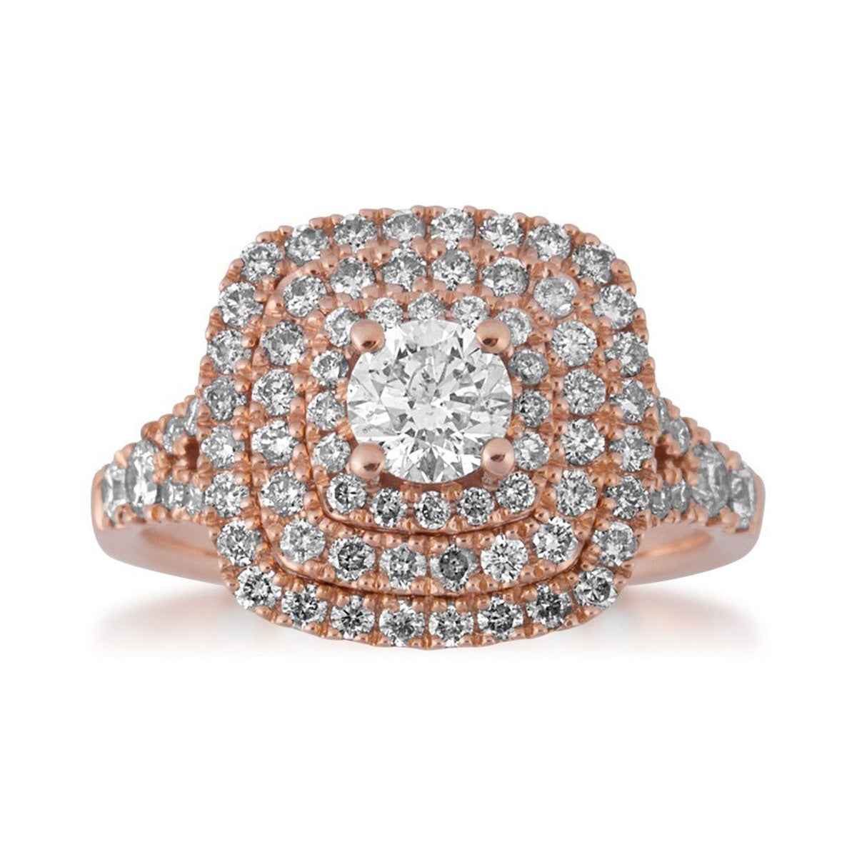 Round Brilliant Diamond triple halo Engagement Ring in Pink Gold front view