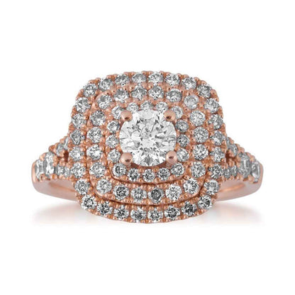 Round Brilliant Diamond triple halo Engagement Ring in Pink Gold front view