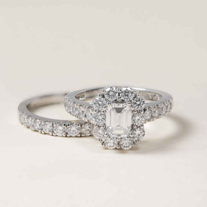 Adamante 3 ct. tw. Lab-Grown Emerald Cut Diamond Halo Wedding Set in 14K White Gold close-up detail