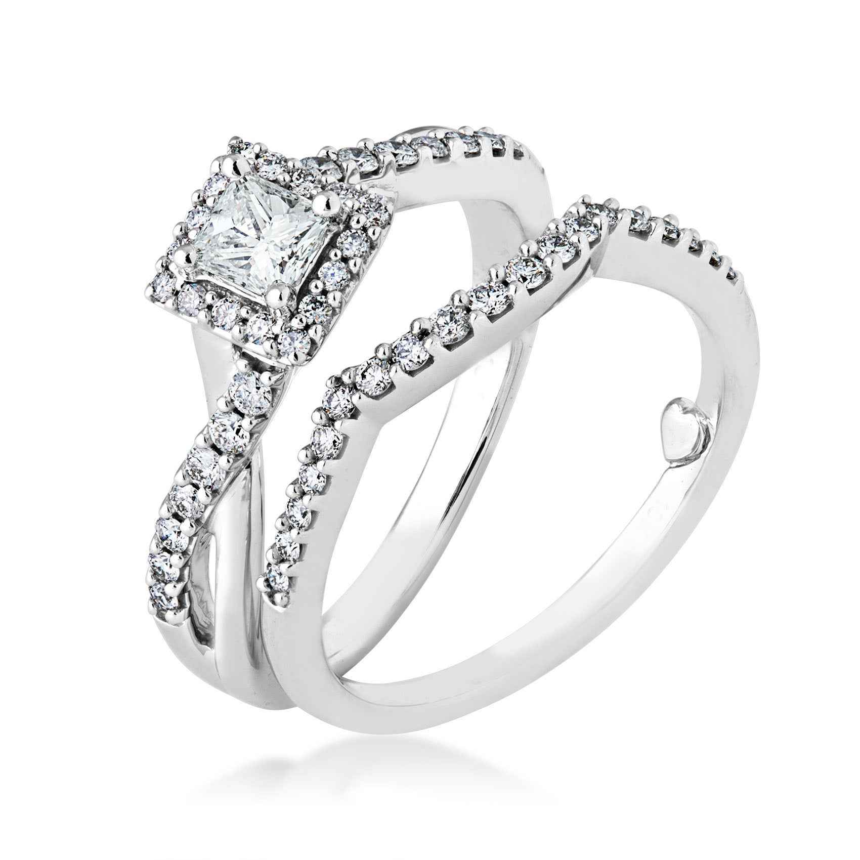 Natural 3/4 ct. tw. Princess Cut Diamond Halo Twist Wedding Set in 10K White Gold close-up detail