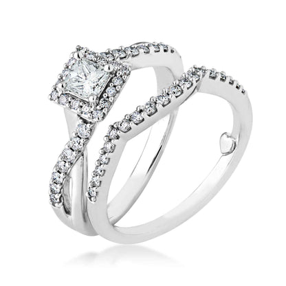 Natural 3/4 ct. tw. Princess Cut Diamond Halo Twist Wedding Set in 10K White Gold close-up detail