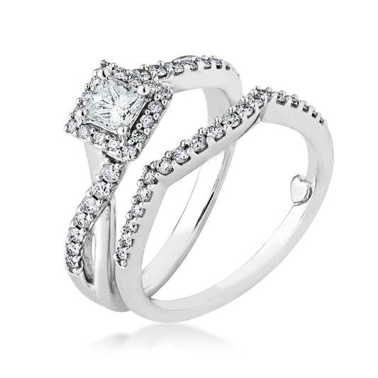 Natural 3/4 ct. tw. Princess Cut Diamond Halo Twist Wedding Set in 10K White Gold close-up detail