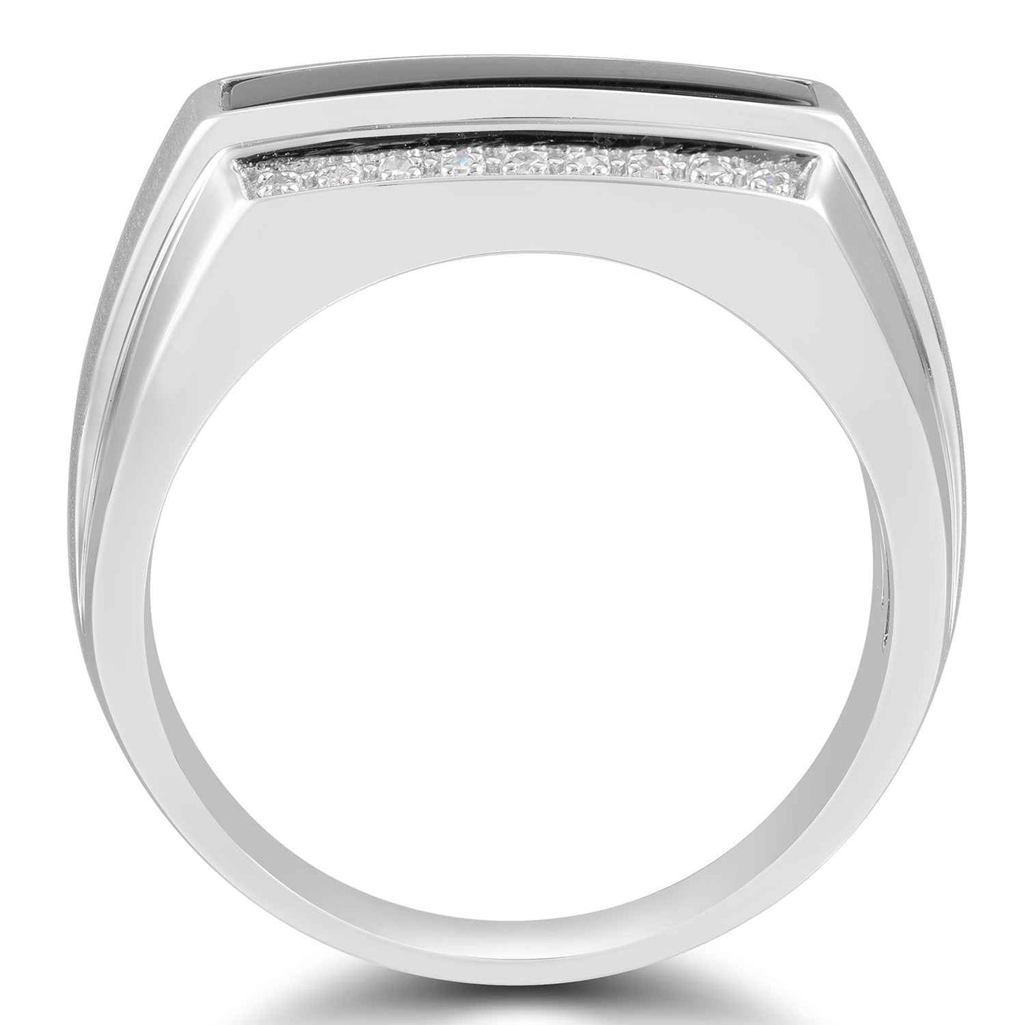 Men's Genuine Black Onyx Ring with .06 ct. tw. Prrong Set Diamonds with Brushed Center Accent in Sterling Silver front view
