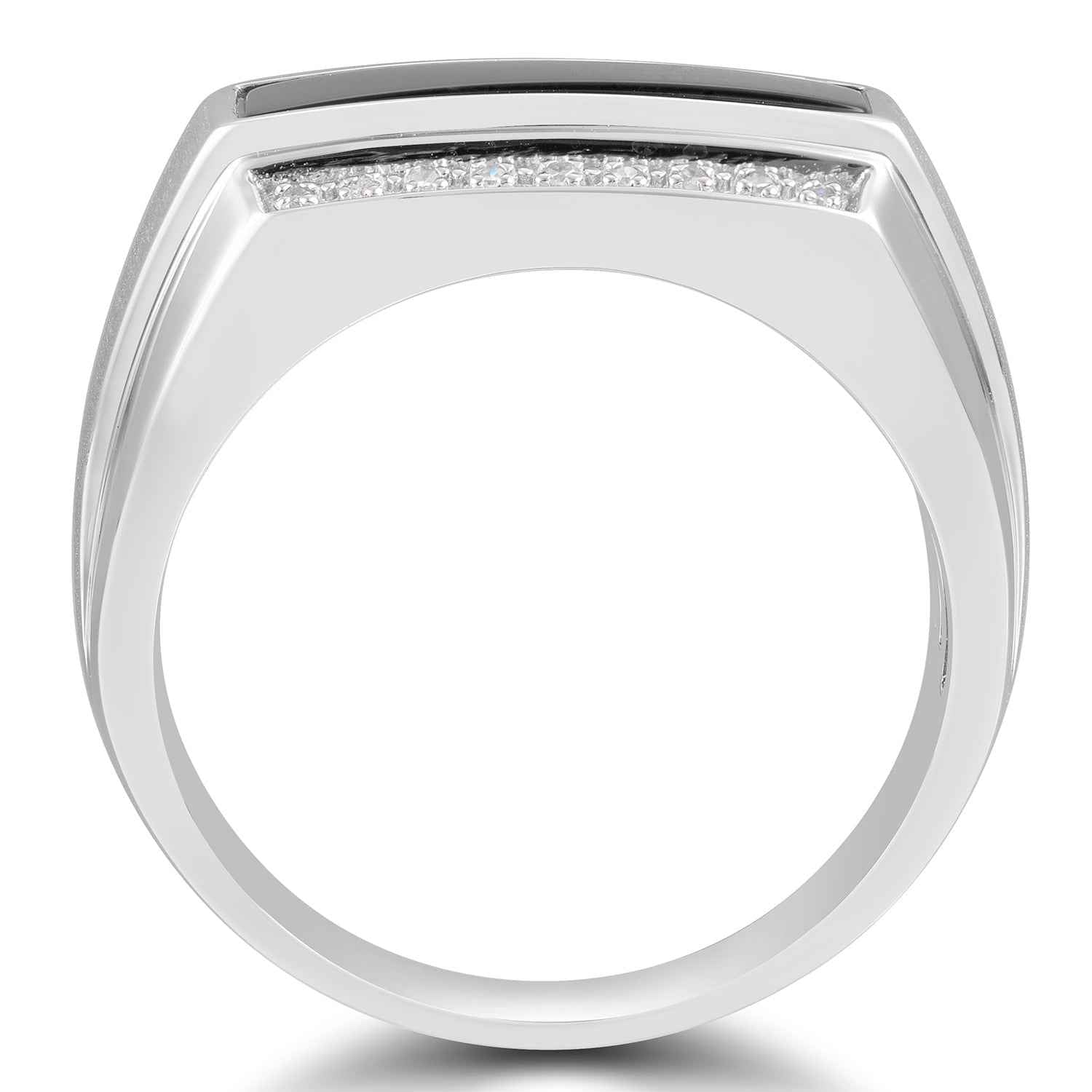 Men's Genuine Black Onyx Ring with .06 ct. tw. Prrong Set Diamonds with Brushed Center Accent in Sterling Silver front view