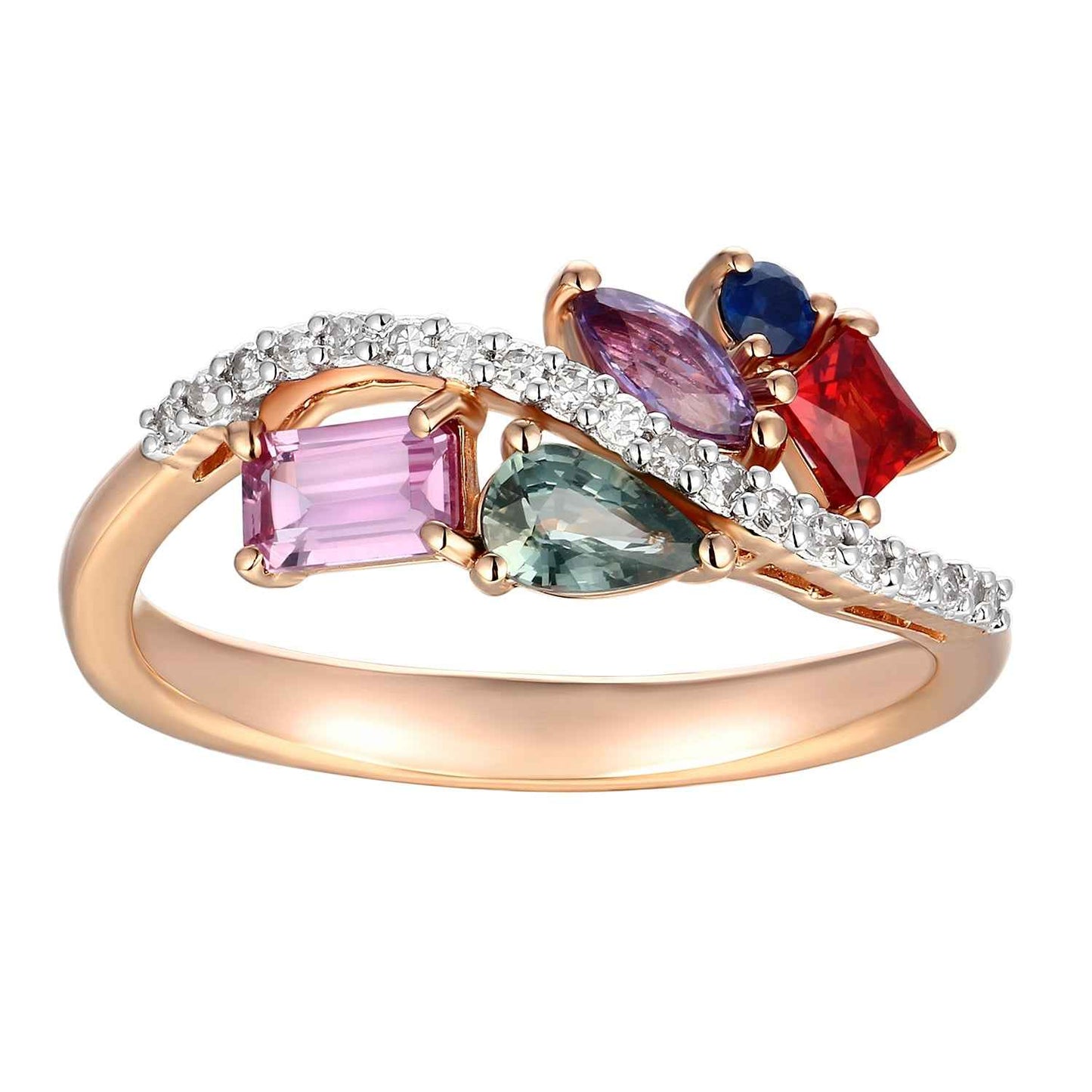 Multi-Color Sapphire and 1/10 ct. tw. Diamond Fashion Ring in 10K Pink Gold