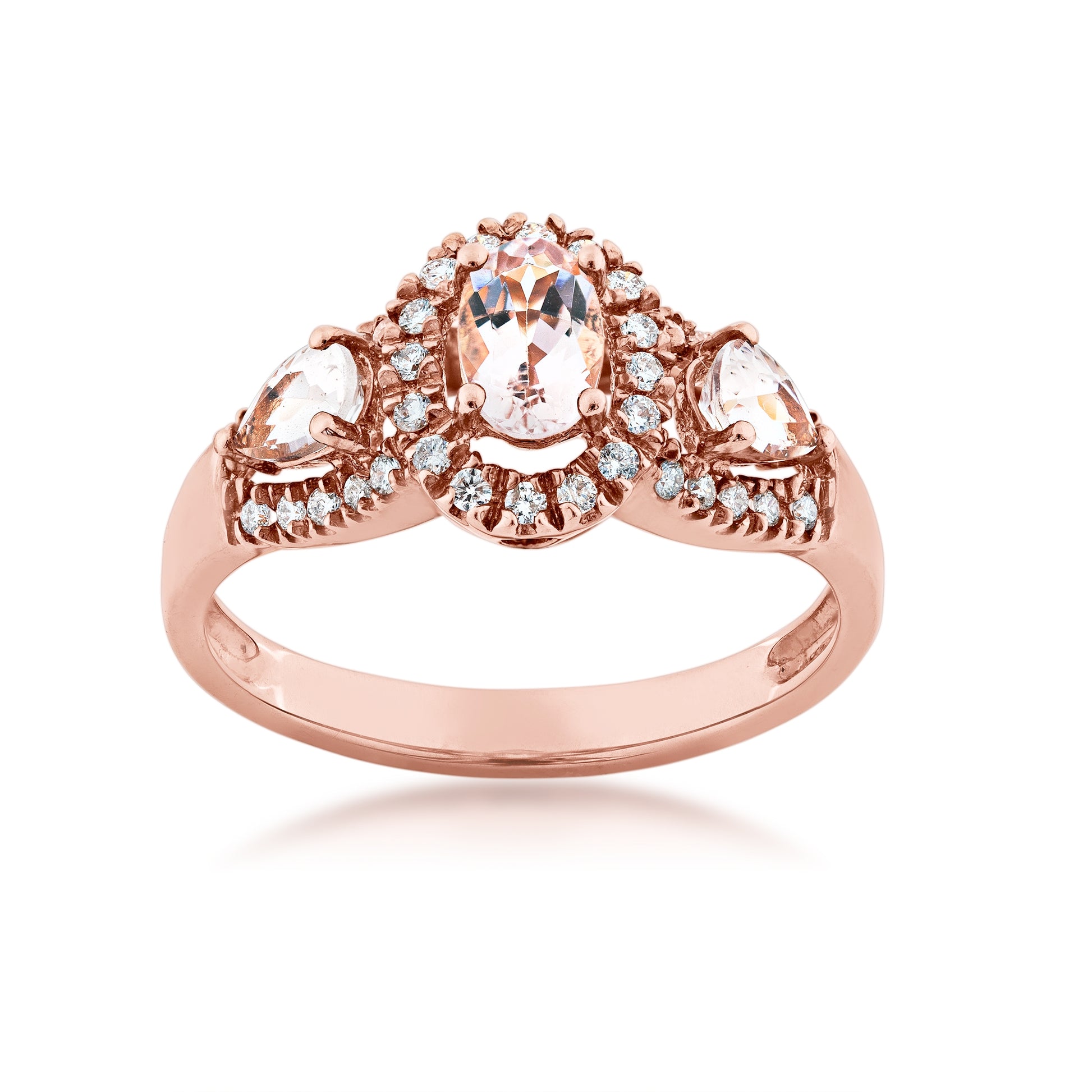 Genuine Oval & Pear Shaped Morganite Fashion Ring with 1/5 ct. tw. Diamond Halos in 10K Pink Gold