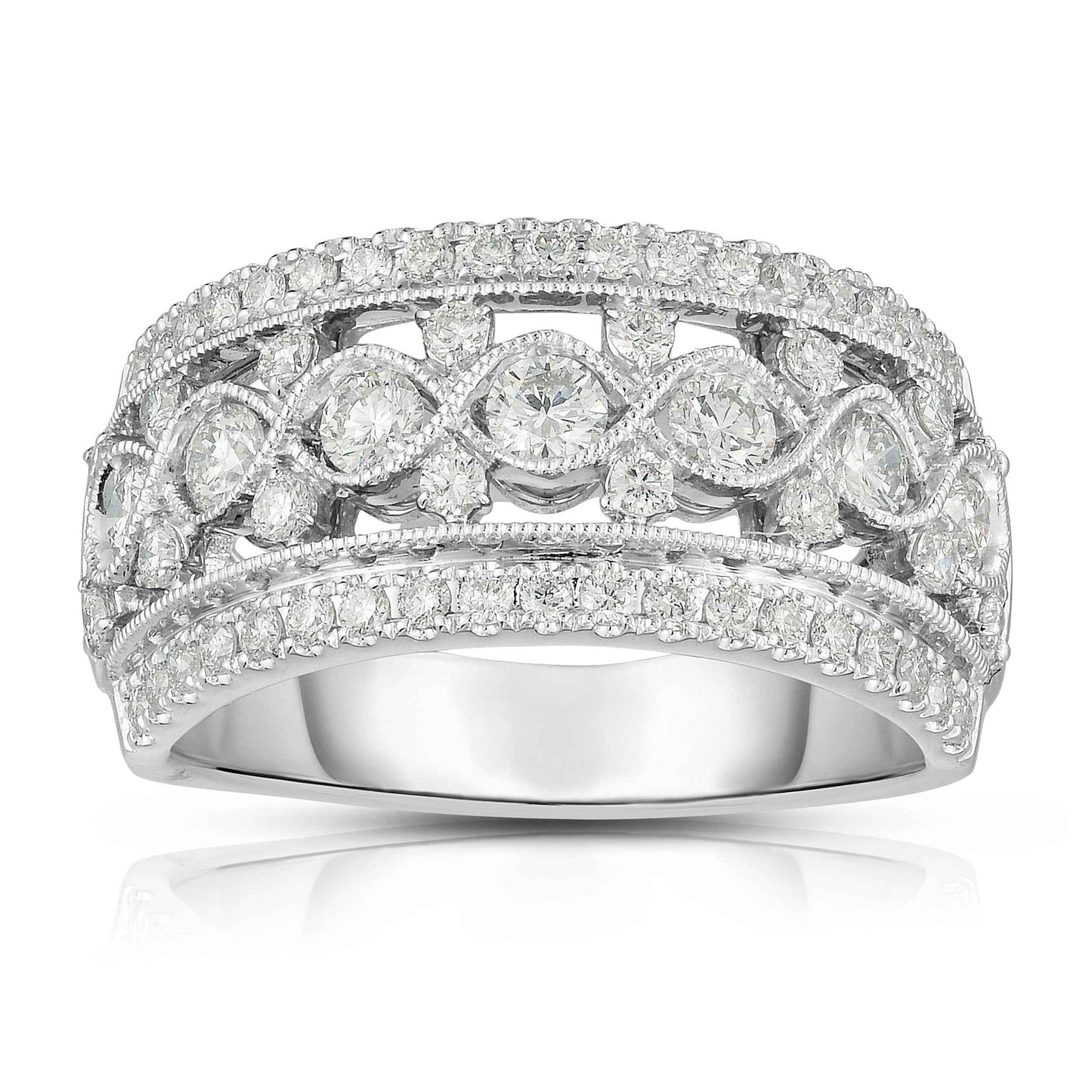 9/10 ct. tw. Diamond Fashion Ring with Infinity Style Center and Milgrain Border Design in 14K White Gold
