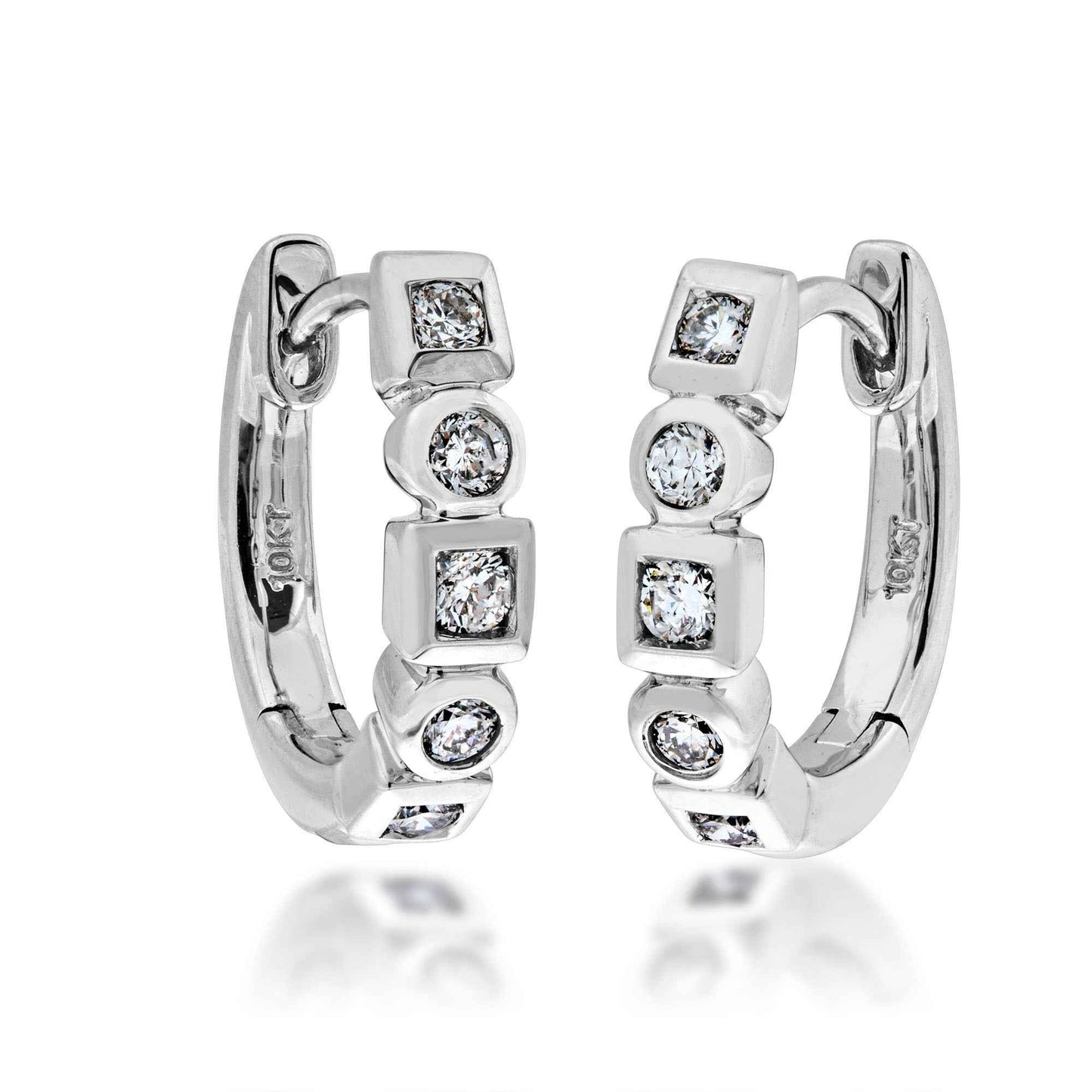 1/5 ct. tw. Round Diamond Fashion Huggie Hoop Earrings with Alternating Square & Circle Halos in 10K White Gold