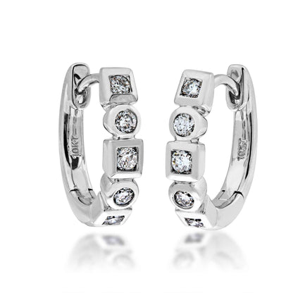 1/5 ct. tw. Round Diamond Fashion Huggie Hoop Earrings with Alternating Square & Circle Halos in 10K White Gold