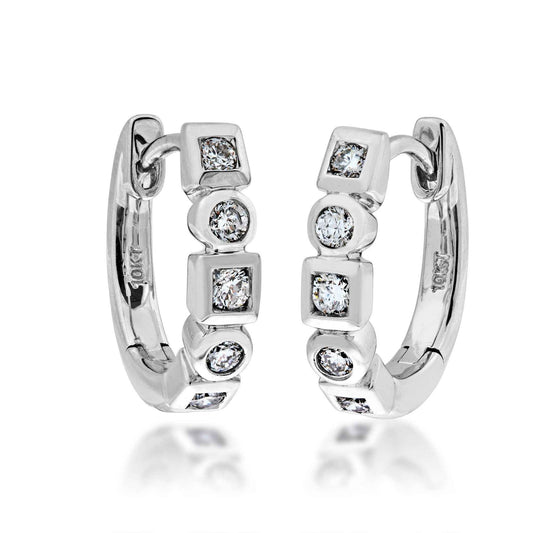 1/5 ct. tw. Round Diamond Fashion Huggie Hoop Earrings with Alternating Square & Circle Halos in 10K White Gold