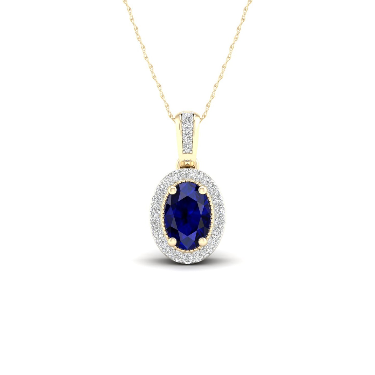 Oval Sapphire and Diamond Accent Halo Pendant with Milgrain and Filigree Design in 10K Yellow Gold