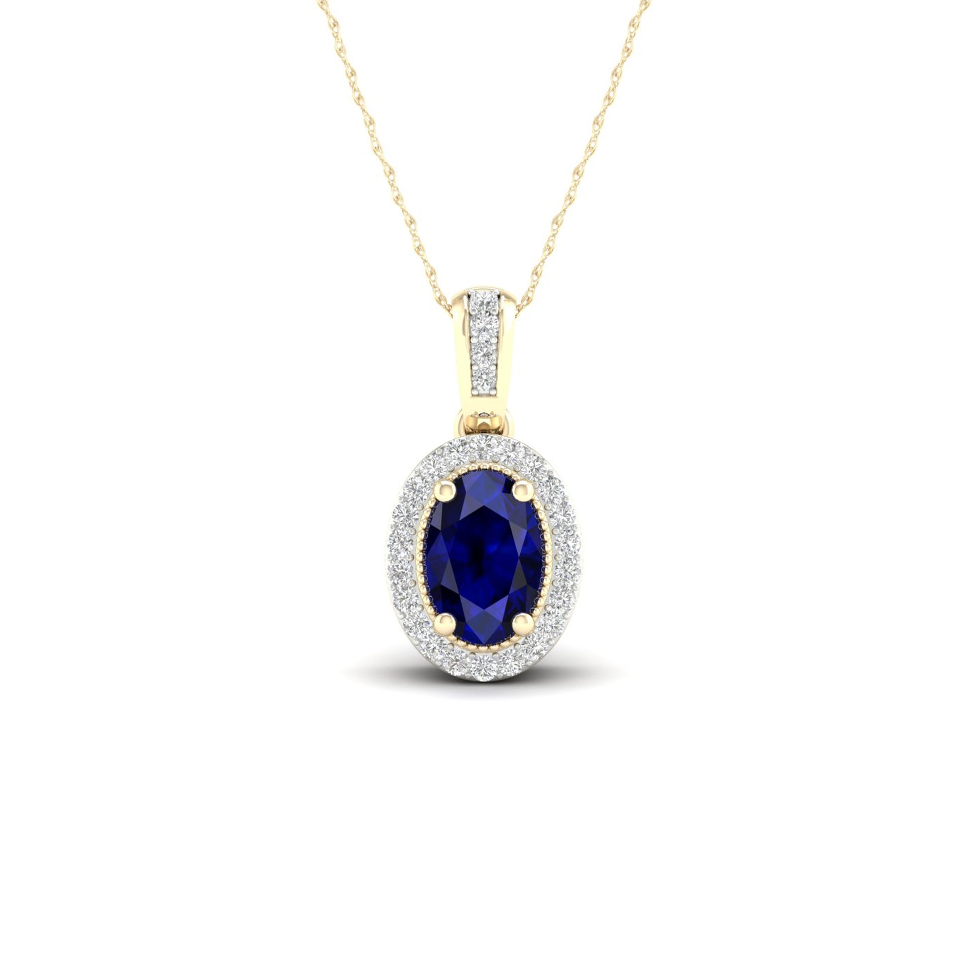 Oval Sapphire and Diamond Accent Halo Pendant with Milgrain and Filigree Design in 10K Yellow Gold