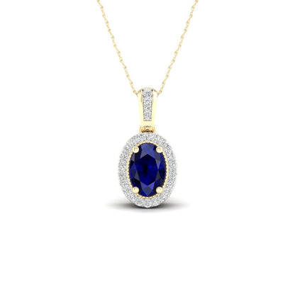 Oval Sapphire and Diamond Accent Halo Pendant with Milgrain and Filigree Design in 10K Yellow Gold
