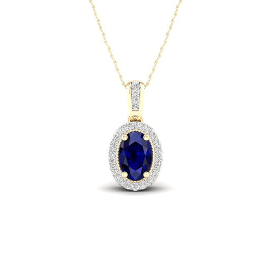 Oval Sapphire and Diamond Accent Halo Pendant with Milgrain and Filigree Design in 10K Yellow Gold