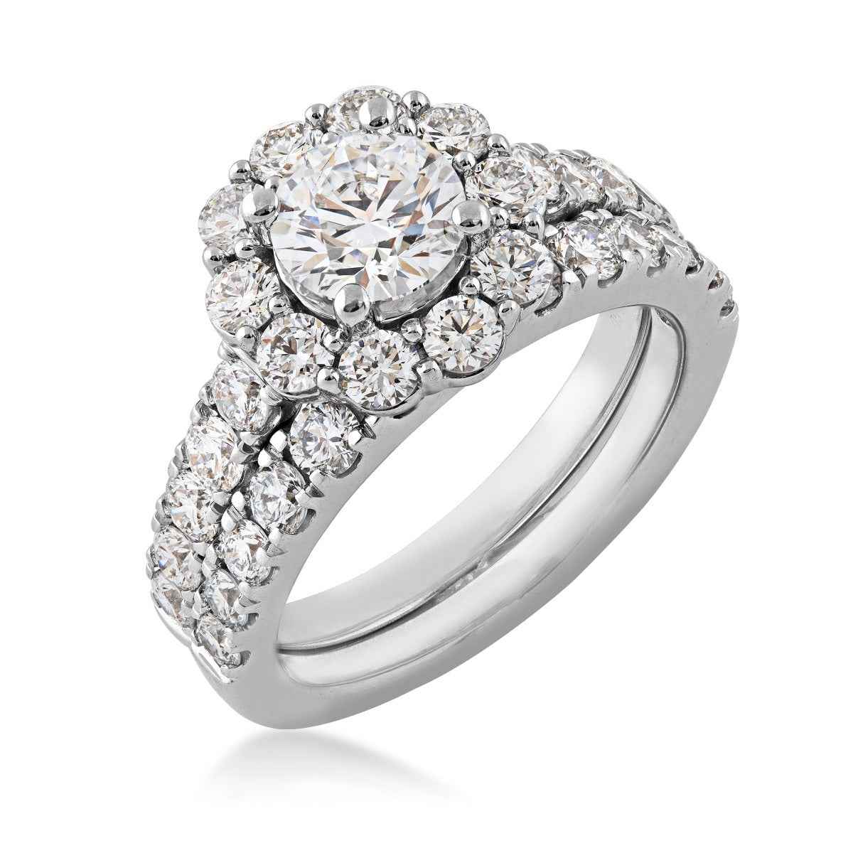 Adamante 3 ct. tw. Round Lab-Grown Diamond Halo Wedding Set with Diamond Melee Band in 14K White Gold front view