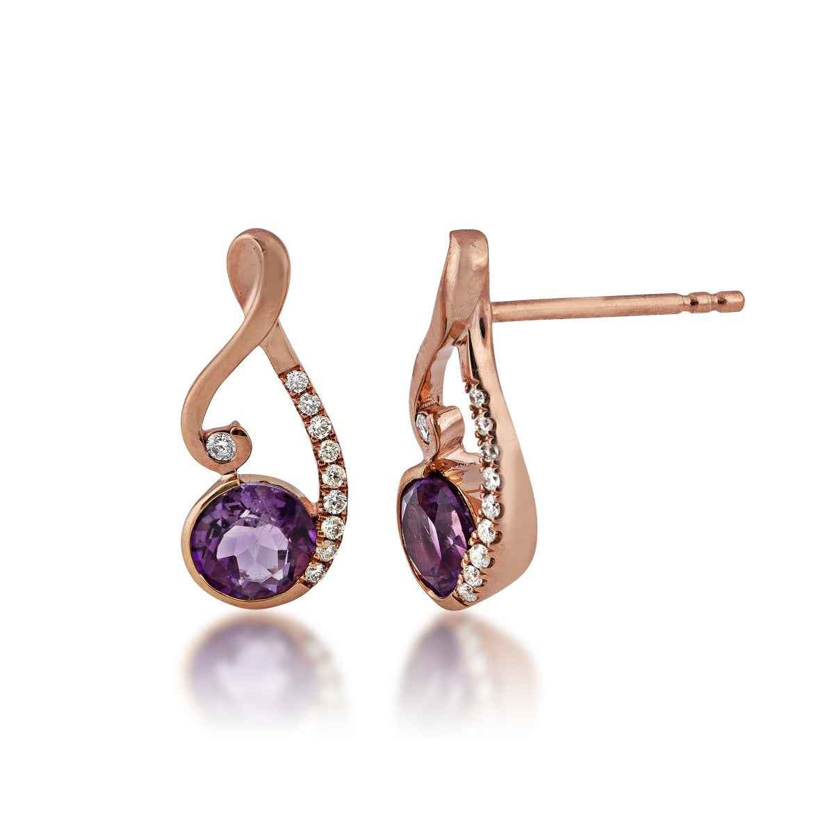 Round Amethyst and 1/10 ct. tw. Diamond Swirl Earrings in 14K Pink Gold