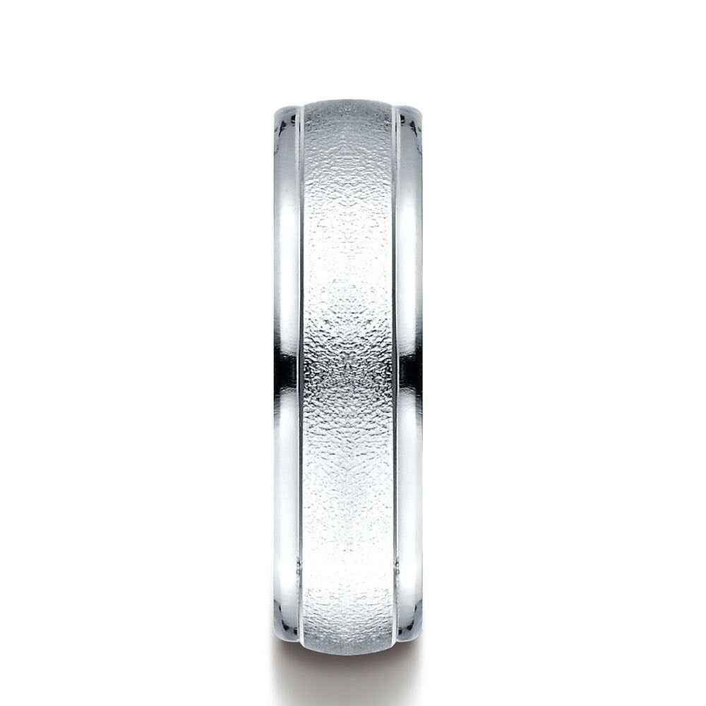 Benchmark Men's Wedding Band with Wire Brush Center and Satin Finish in 10K White Gold front view