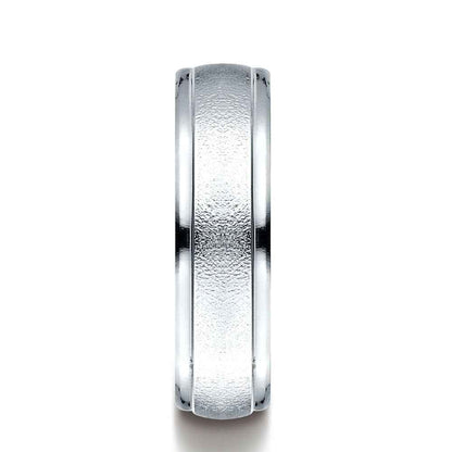 Benchmark Men's Wedding Band with Wire Brush Center and Satin Finish in 10K White Gold front view