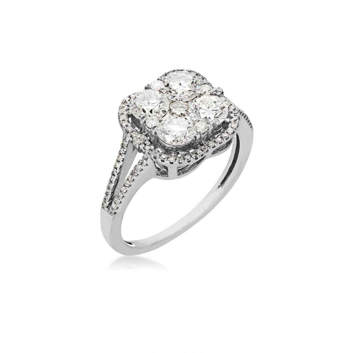 1-1/3 ct. tw. Diamond Cushion Cluster Halo Split Shank Ring in 14K White Gold front view