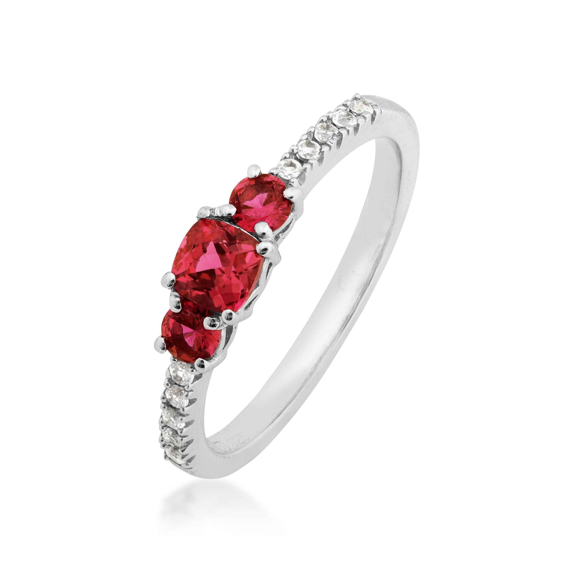 3-Stone Created Cushion Cut Ruby & White Sapphire Stackable Ring in Sterling Silver front view