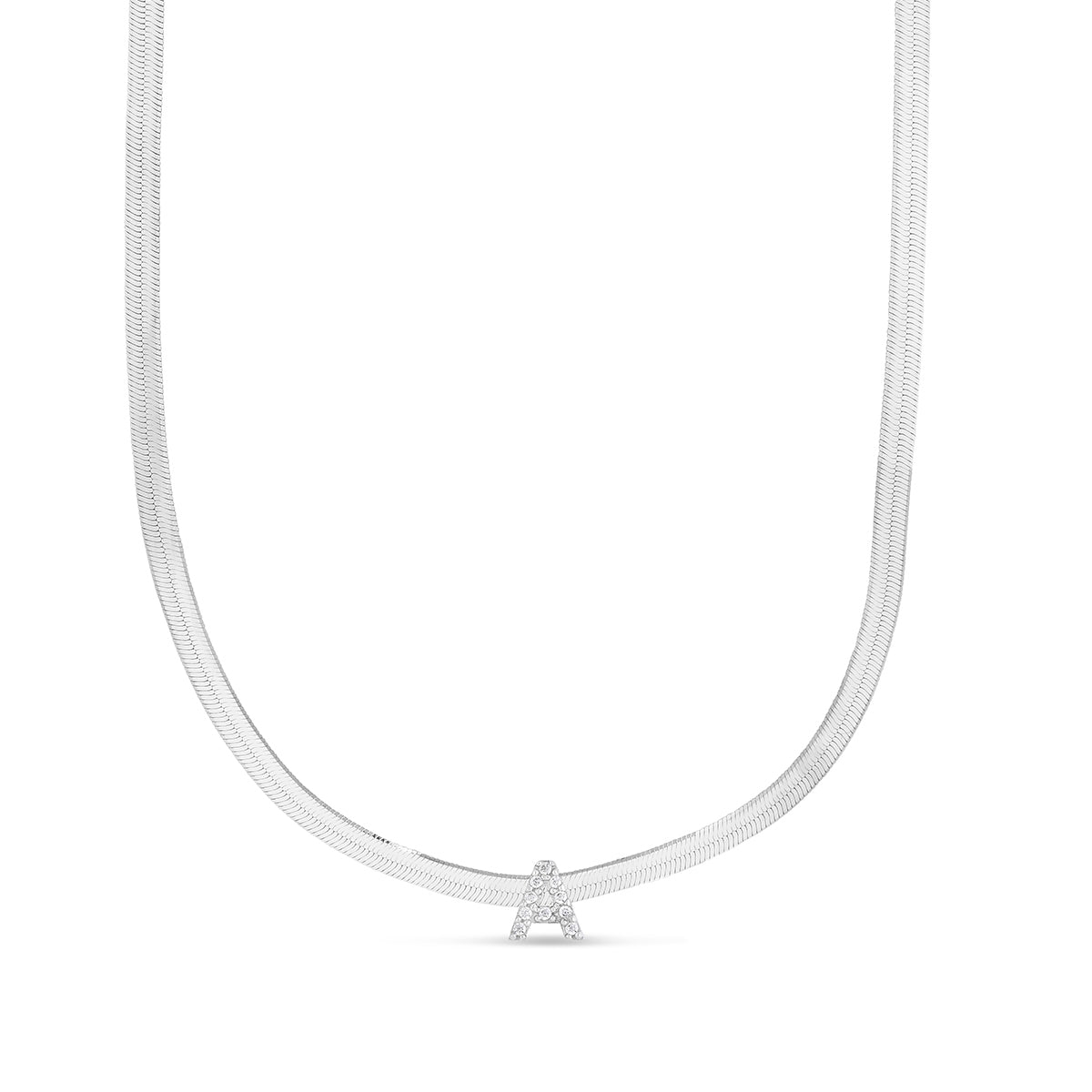 CZ Initial A Pendant on Herringbone Chain in Sterling Silver