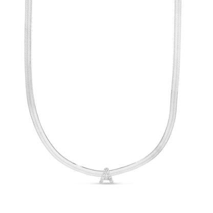 CZ Initial A Pendant on Herringbone Chain in Sterling Silver